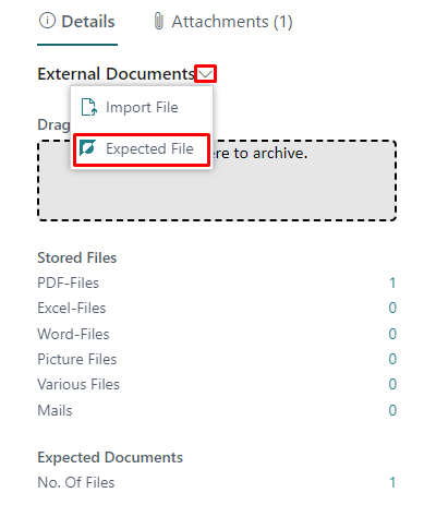 Screenshot of the Expected Document action in duveka Standart factbox