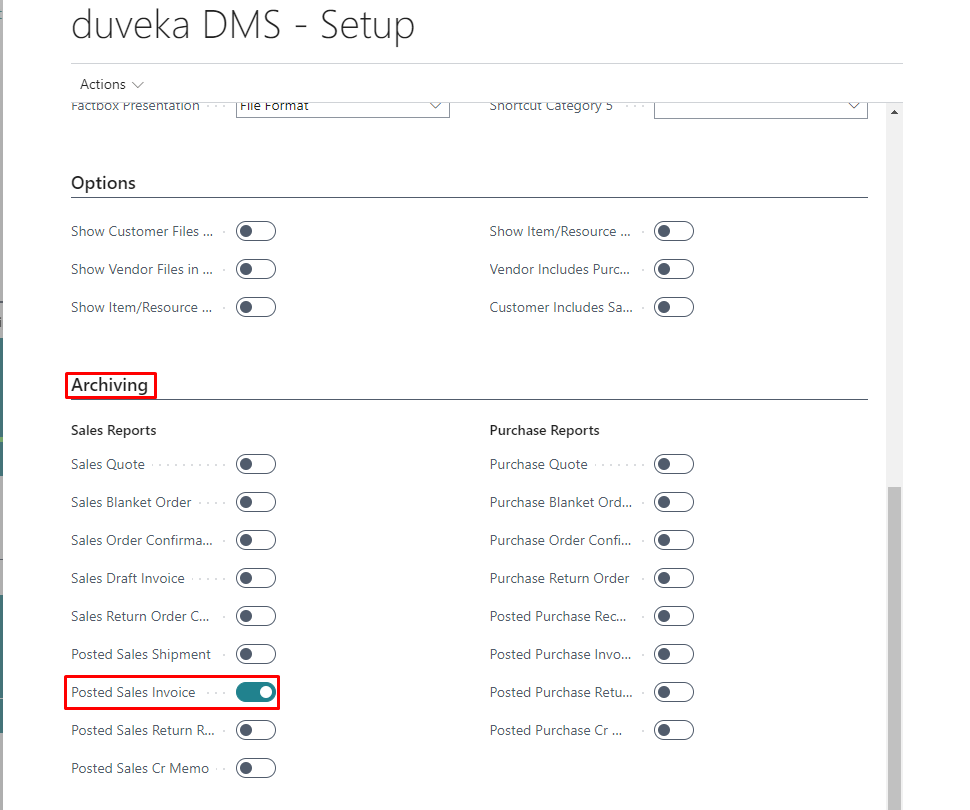Screenshot of the page DMS Setup with selected option for Posted Sales Invoice