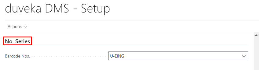 Screenshot of the page DMS Setup with the values in fields Barcode Nos