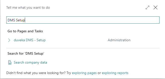 Screenshot of the search field for page DMS Setup
