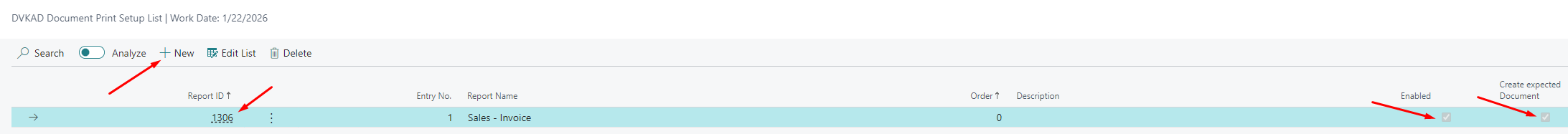 Screenshot of the page Document Print Setup with created setup line for Posted Sales Invoice report