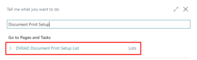 Screenshot of the search field for page Document Print Setup