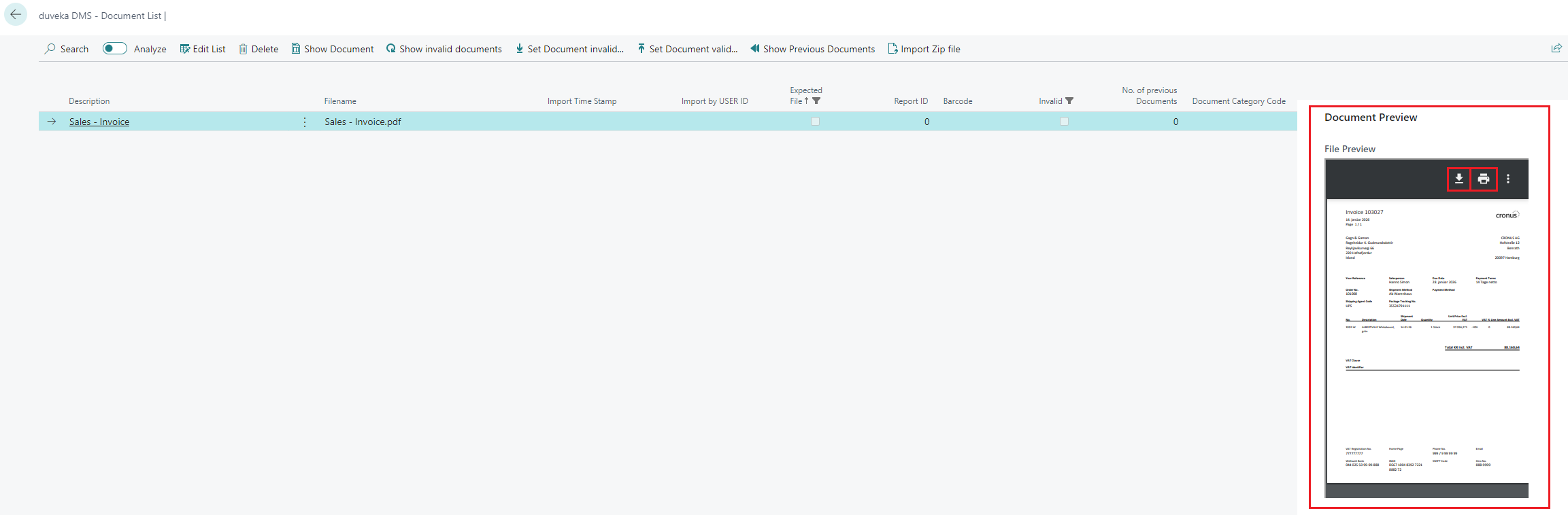 Screenshot of the Document preview factbox from duveka DMS Document List