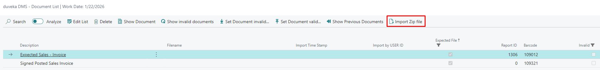 Screenshot of the Import ZIP File action