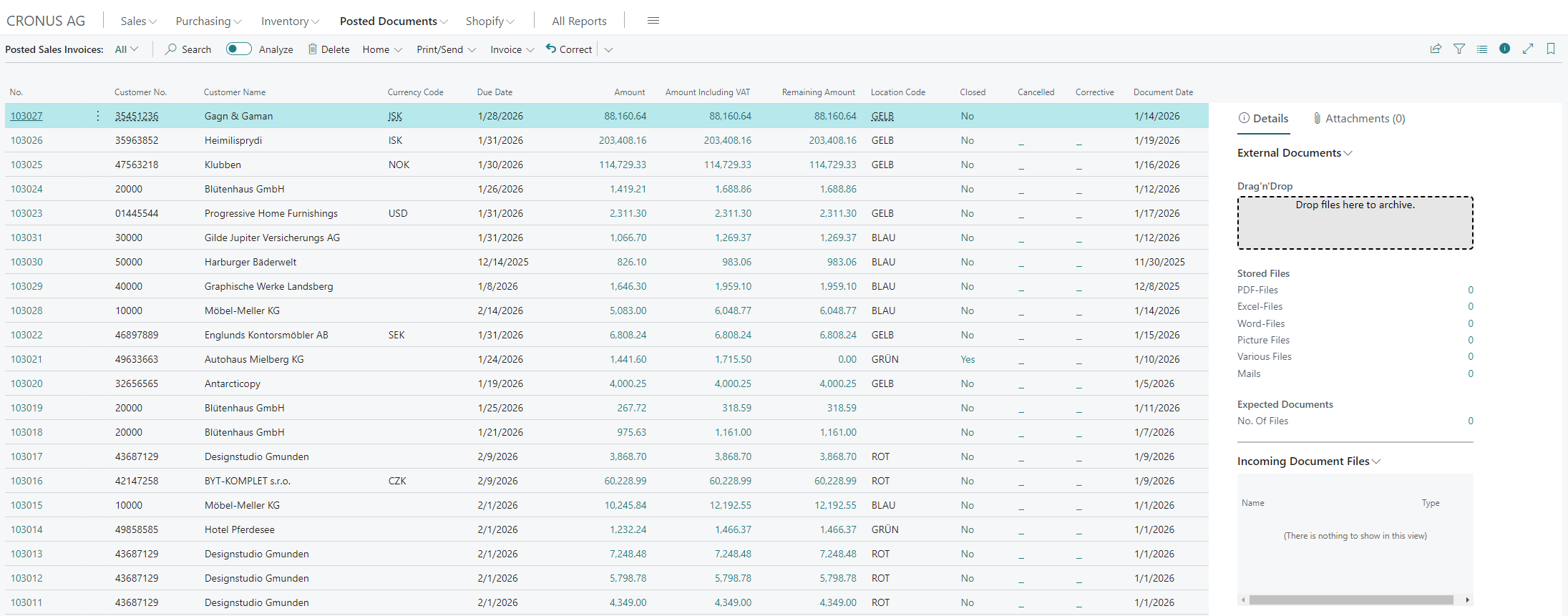 Screenshot of the Posted Sales Invoices list