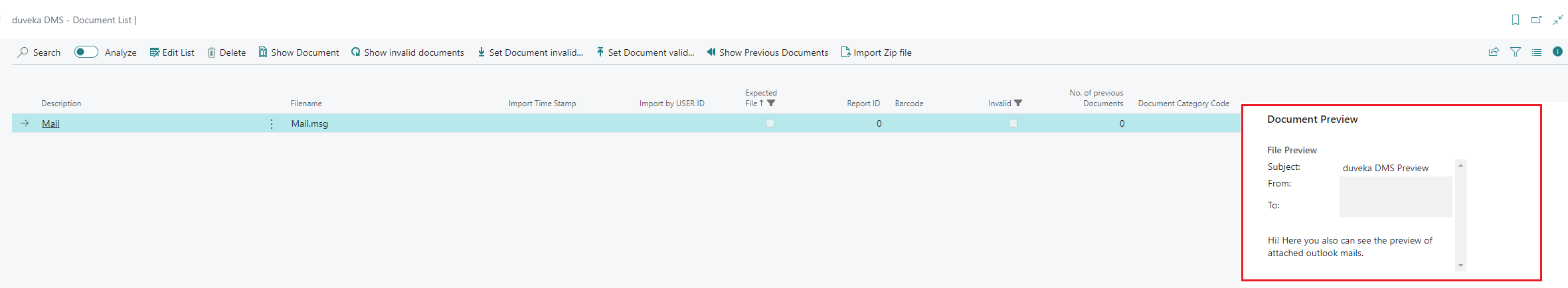 Screenshot of the Document preview factbox for mail
