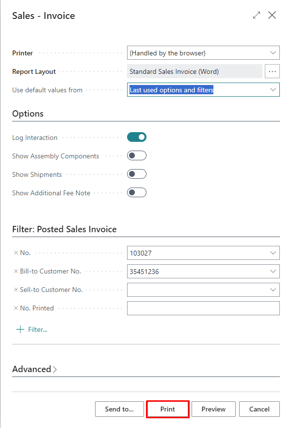 Screenshot of the Posted Sales Invoice report request form