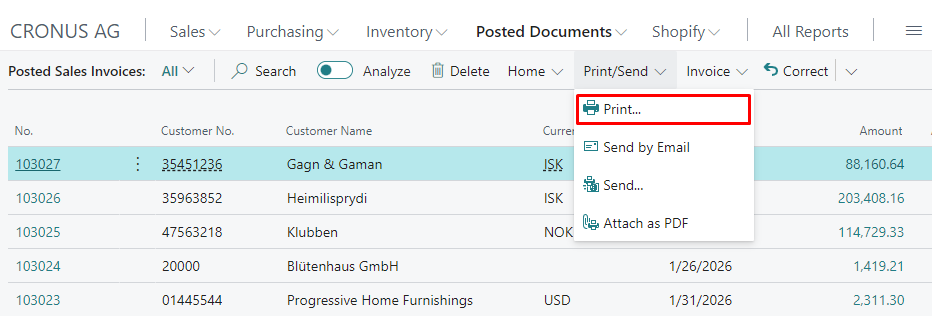 Screenshot of the Print/Send action group and Print… function