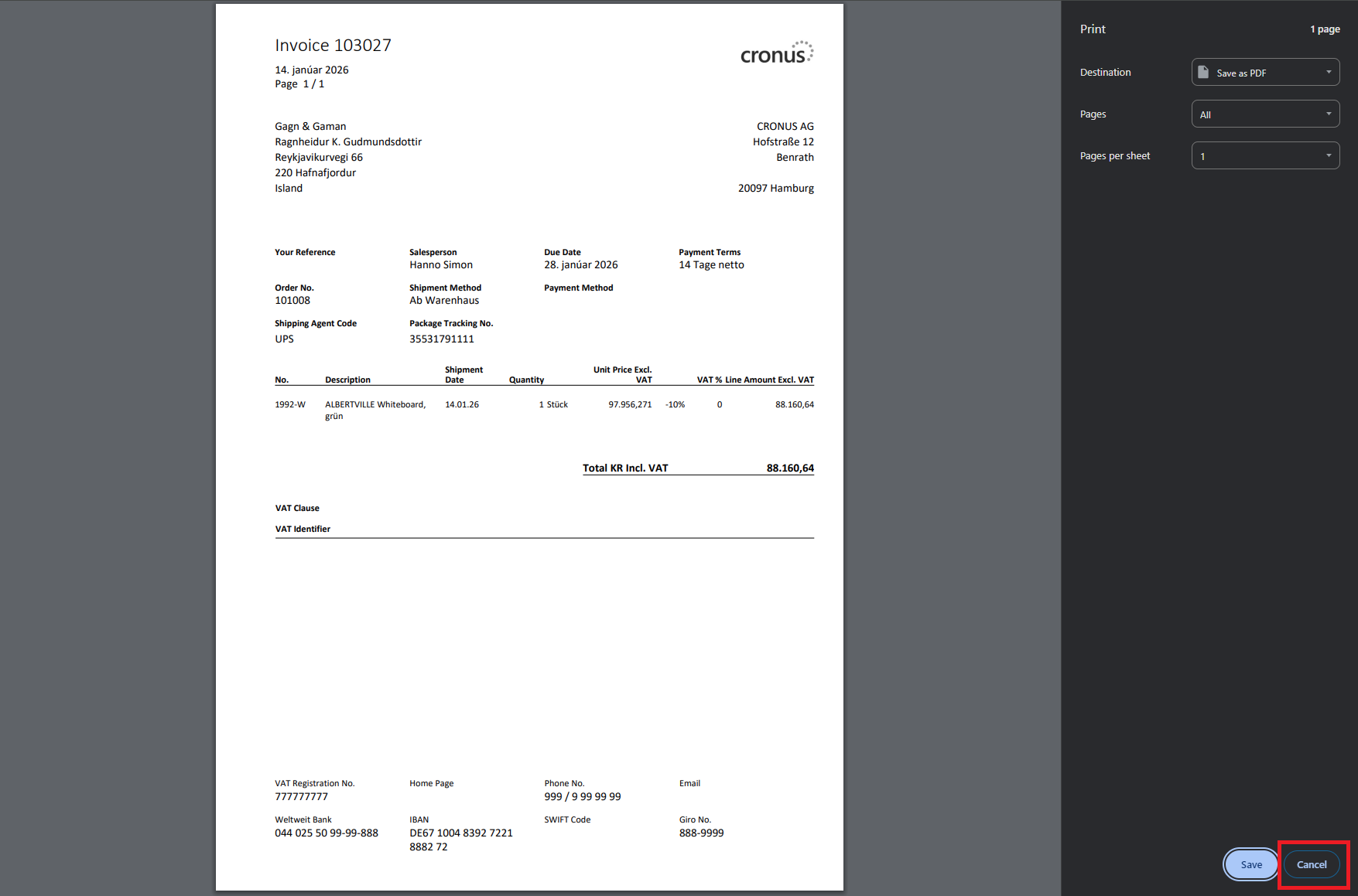 Screenshot of the printed Posted Sales Invoice