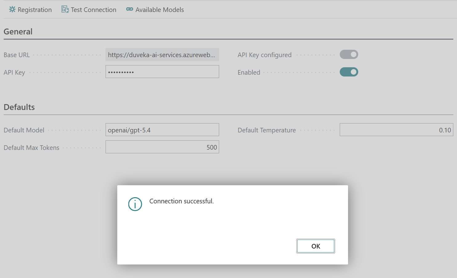 Test Connection — success message